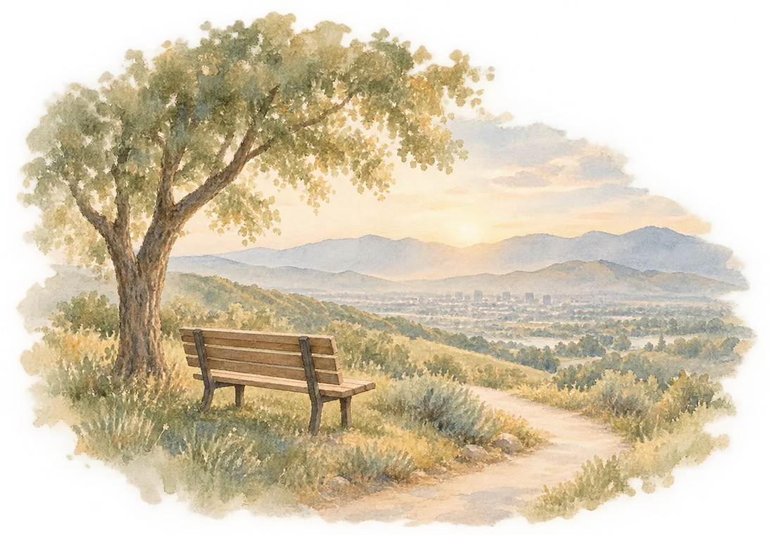 A watercolor bench beneath a tree overlooking the Salt Lake valley