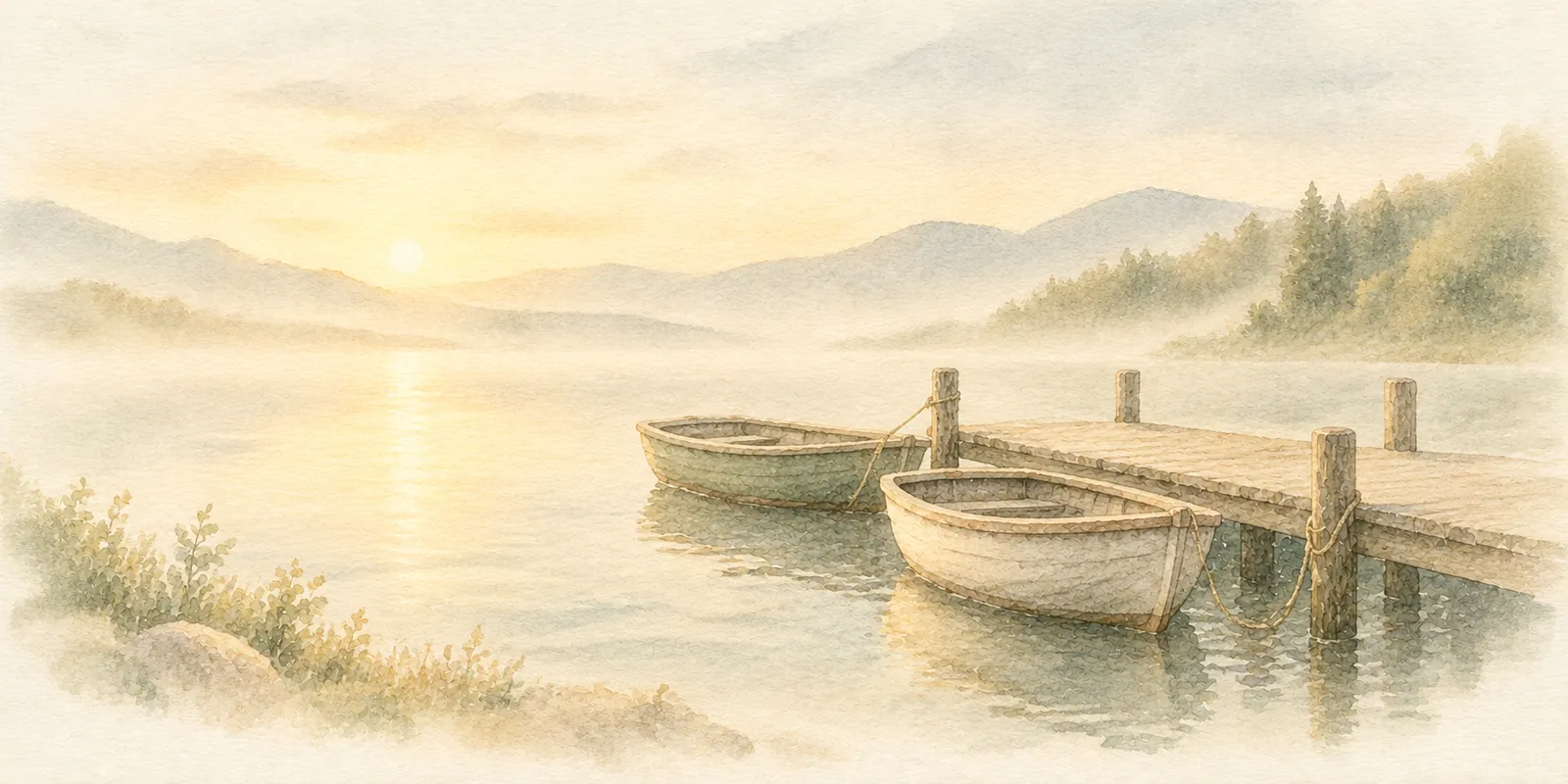 Watercolor of two small wooden boats tied at a quiet dock in morning mist