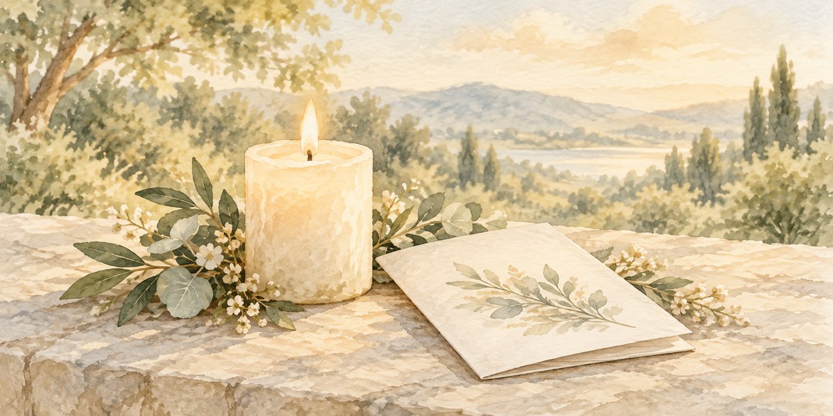 A softly lit candle beside a folded memorial program