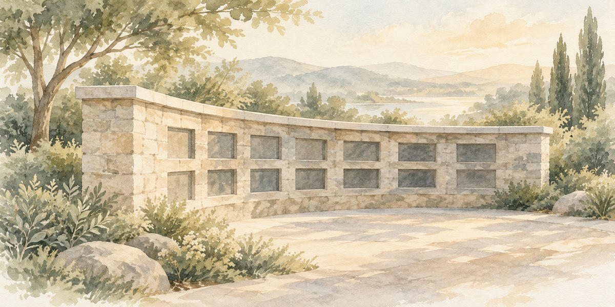 A curved stone memorial wall with cremation niches