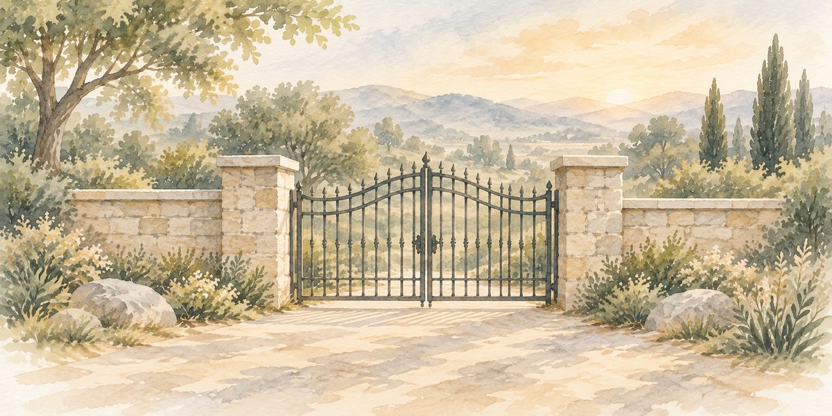 A closed wrought-iron cemetery gate set into a stone wall
