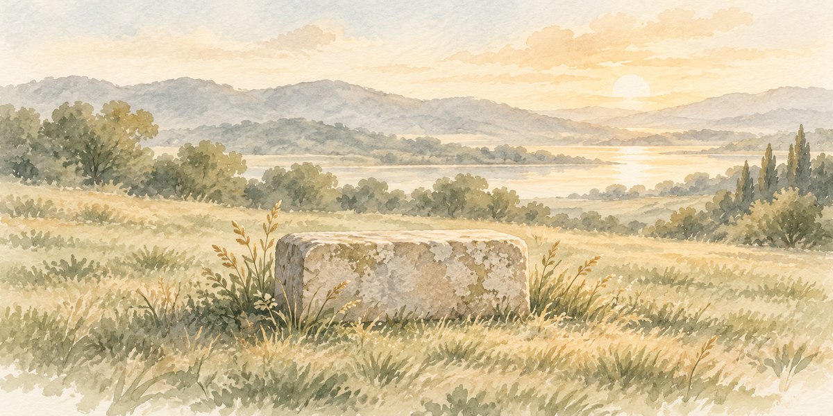 A weathered low stone plot marker in short grass