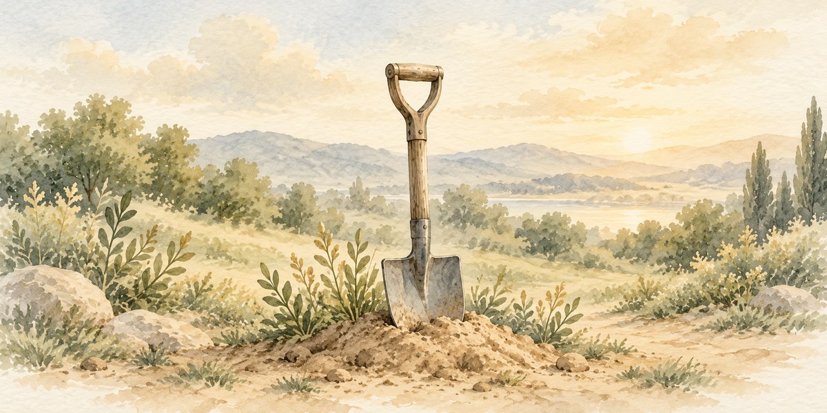 A garden spade standing upright in a mound of sandy soil