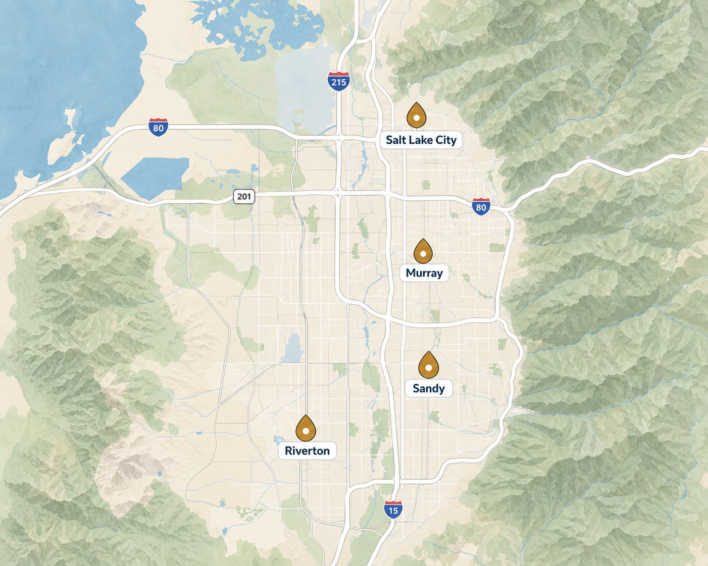 Map of the Salt Lake Valley showing Salt Lake City, Murray, Sandy and Riverton