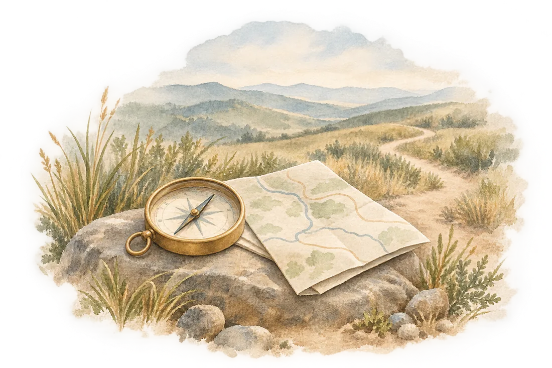 A watercolor compass and folded map resting on a stone beside a trail