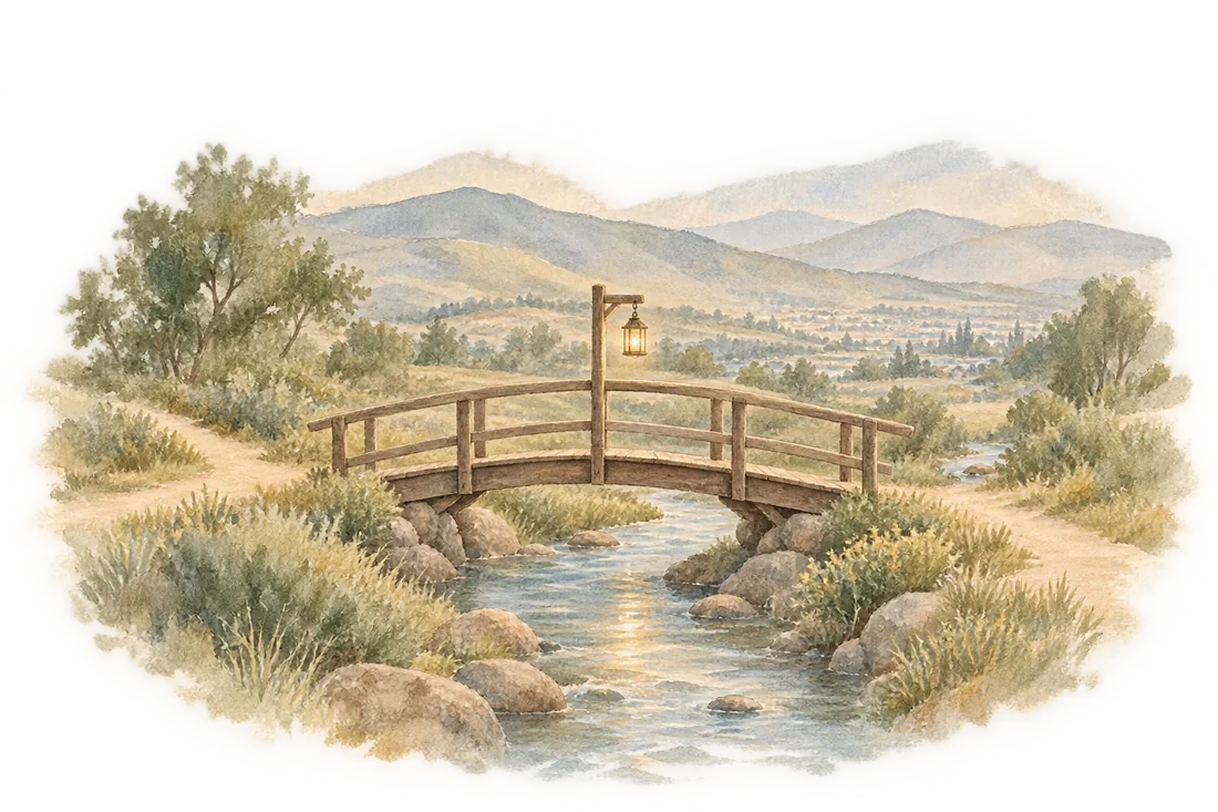 A watercolor footbridge with a glowing lantern, connecting two sides of a path